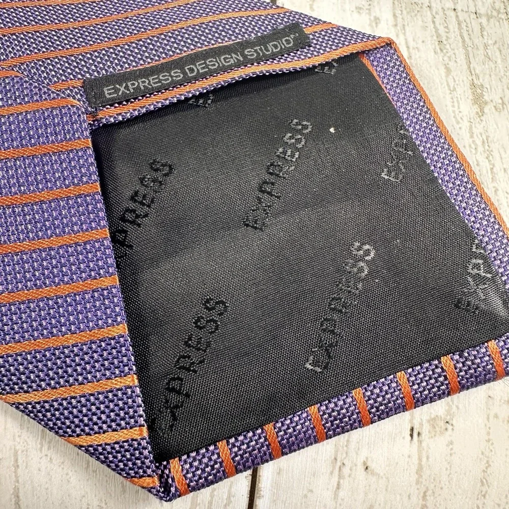 Express Design Studio Men's USA 100% Silk Neck Tie Blue Orange  Striped Diagonal